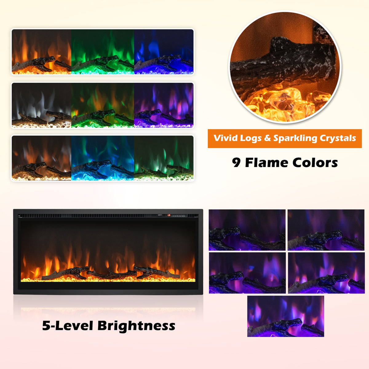 Electric Fireplace, In-Wall Recessed, Remote Control, Adjustable Color, 36 Inches, Black Fireplaces at Gallery Canada