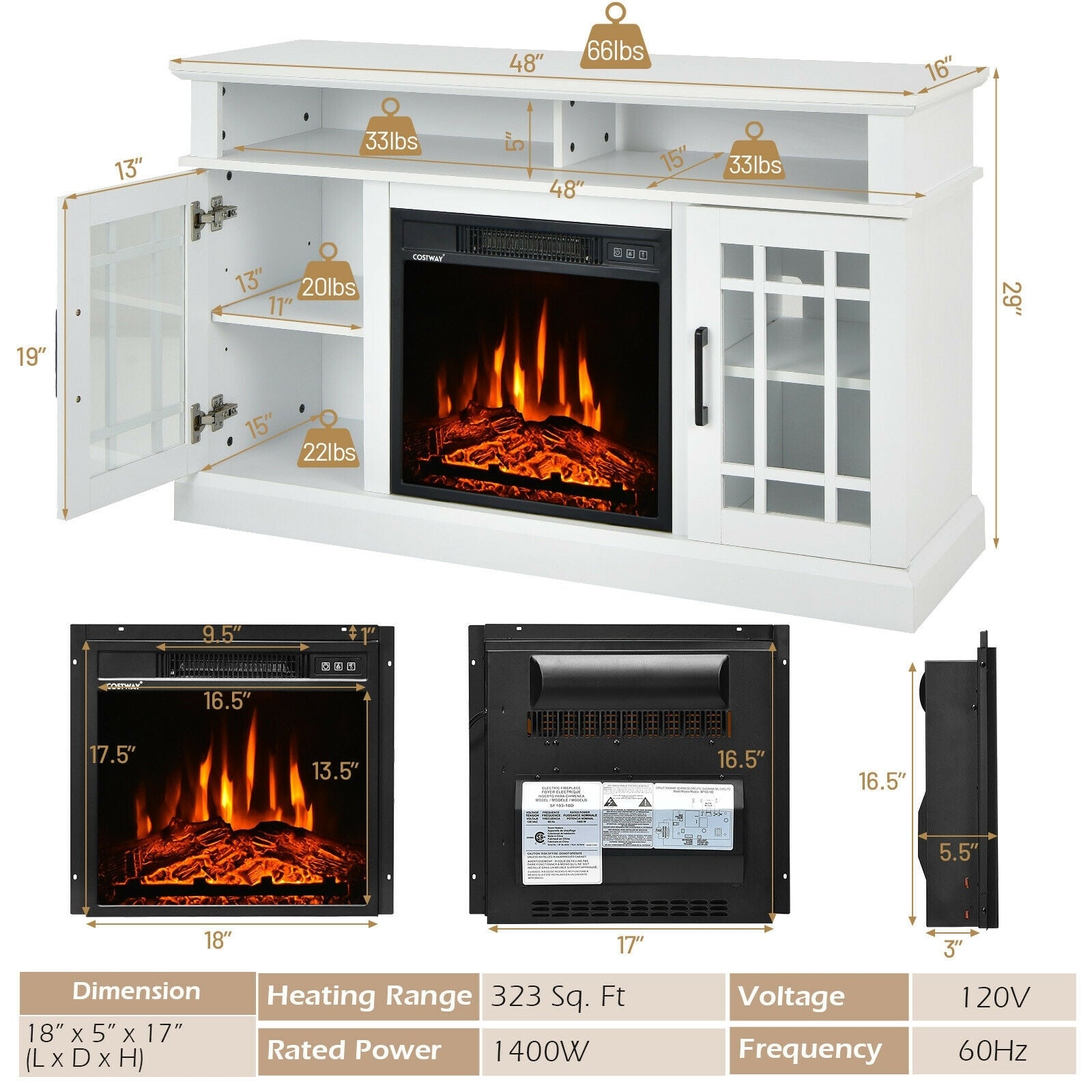 48 Inch Electric Fireplace TV Stand, For TVs Up To 50 Inch, White Entertainment Centers & TV Stands at Gallery Canada