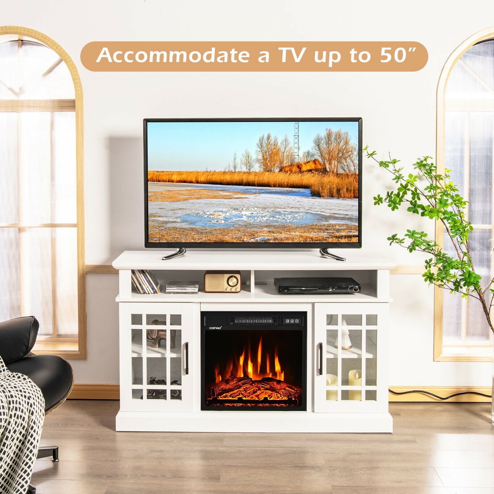48 Inch Electric Fireplace TV Stand, For TVs Up To 50 Inch, White Entertainment Centers & TV Stands at Gallery Canada
