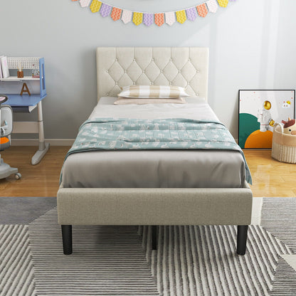 Twin Size Upholstered Platform Bed, Button Tufted Headboard, Beige Simple Bed Frame at Gallery Canada