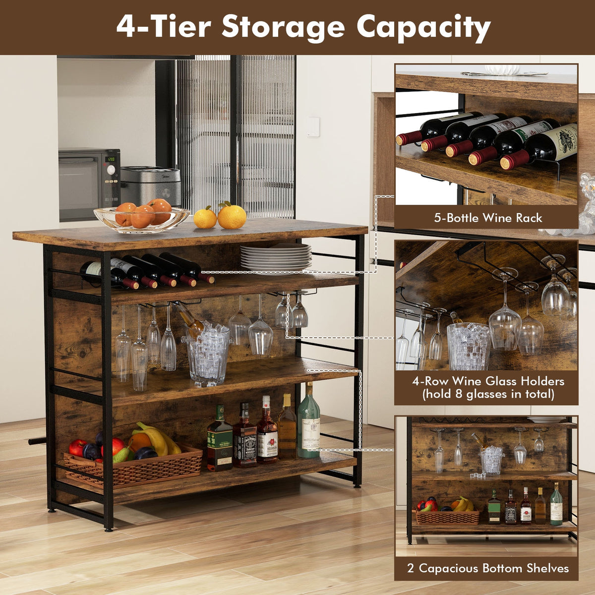 Kitchen Island With 4-Tier Storage Shelf, Long Footrest, Rustic, Brown Kitchen Islands & Carts at Gallery Canada
