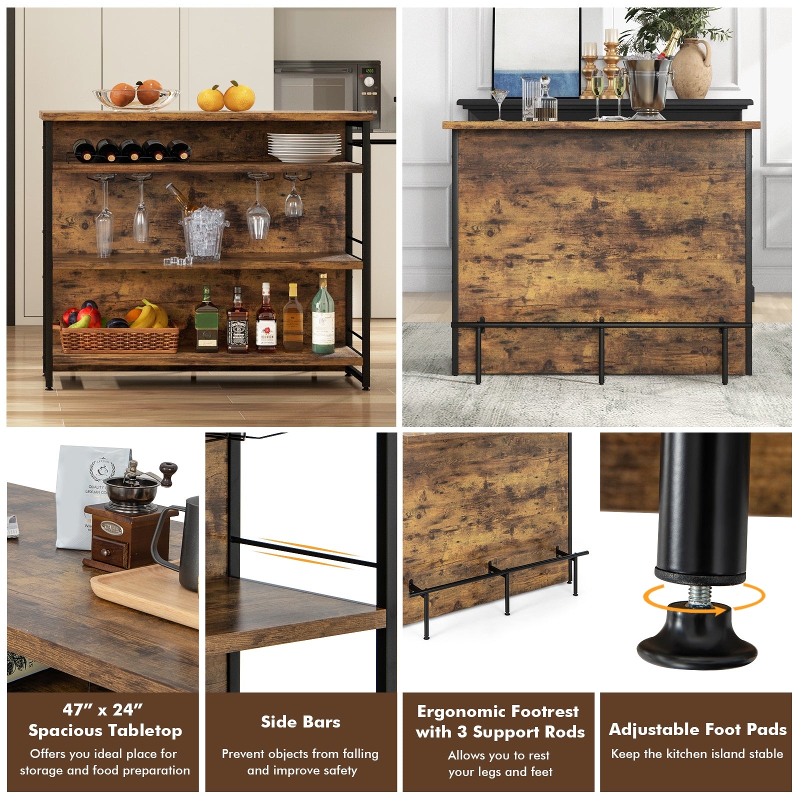 Kitchen Island With 4-Tier Storage Shelf, Long Footrest, Rustic, Brown Kitchen Islands & Carts at Gallery Canada