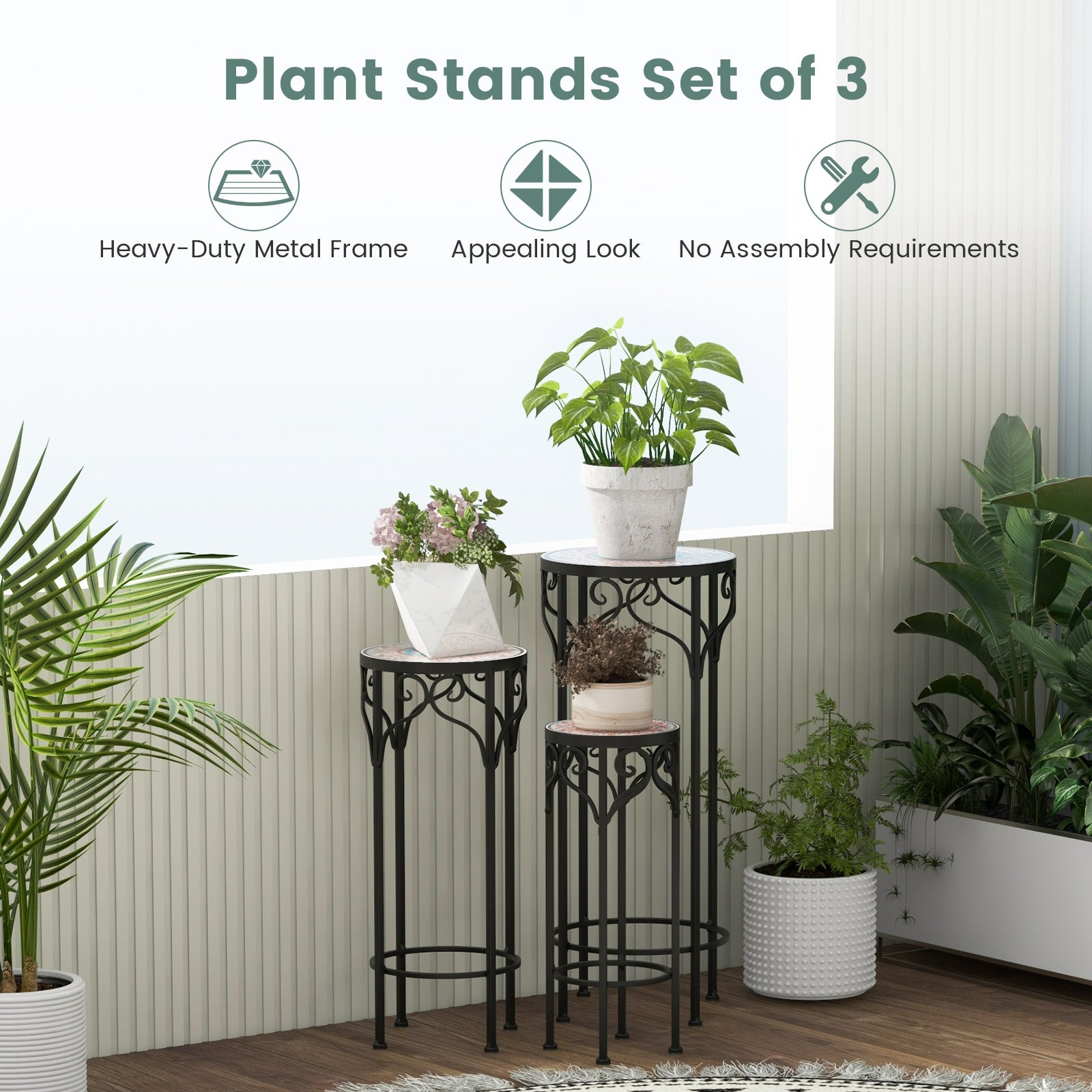 Decorative Flower Display Holder with Ceramic Top for Patio, Black Plant Stands at Gallery Canada