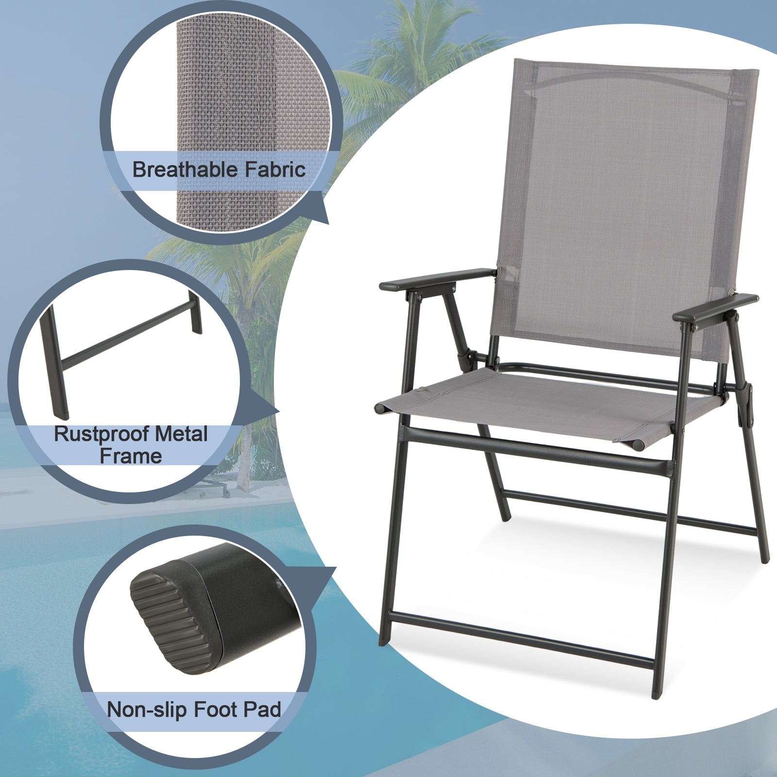 2 Patio Folding Chairs With Armrests, Gray Patio Dining Chairs at Gallery Canada