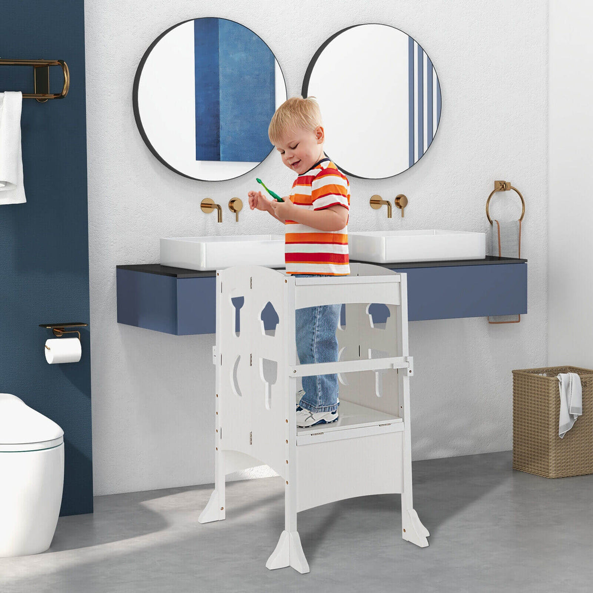 Folding Wooden Step Stool, Lockable Safety Rail For Toddlers, White Toddler & Kids Furniture at Gallery Canada