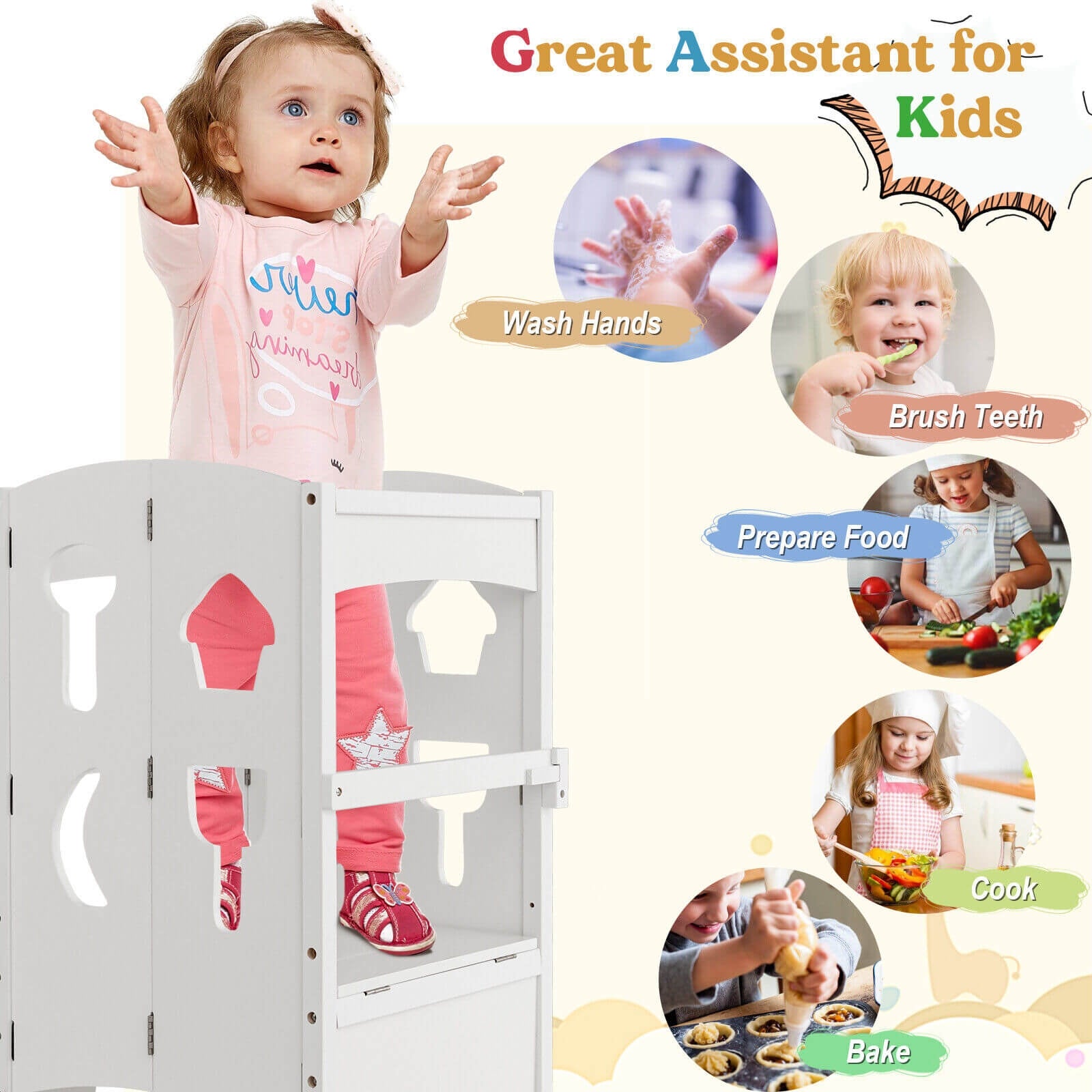 Folding Wooden Step Stool, Lockable Safety Rail For Toddlers, White Toddler & Kids Furniture at Gallery Canada