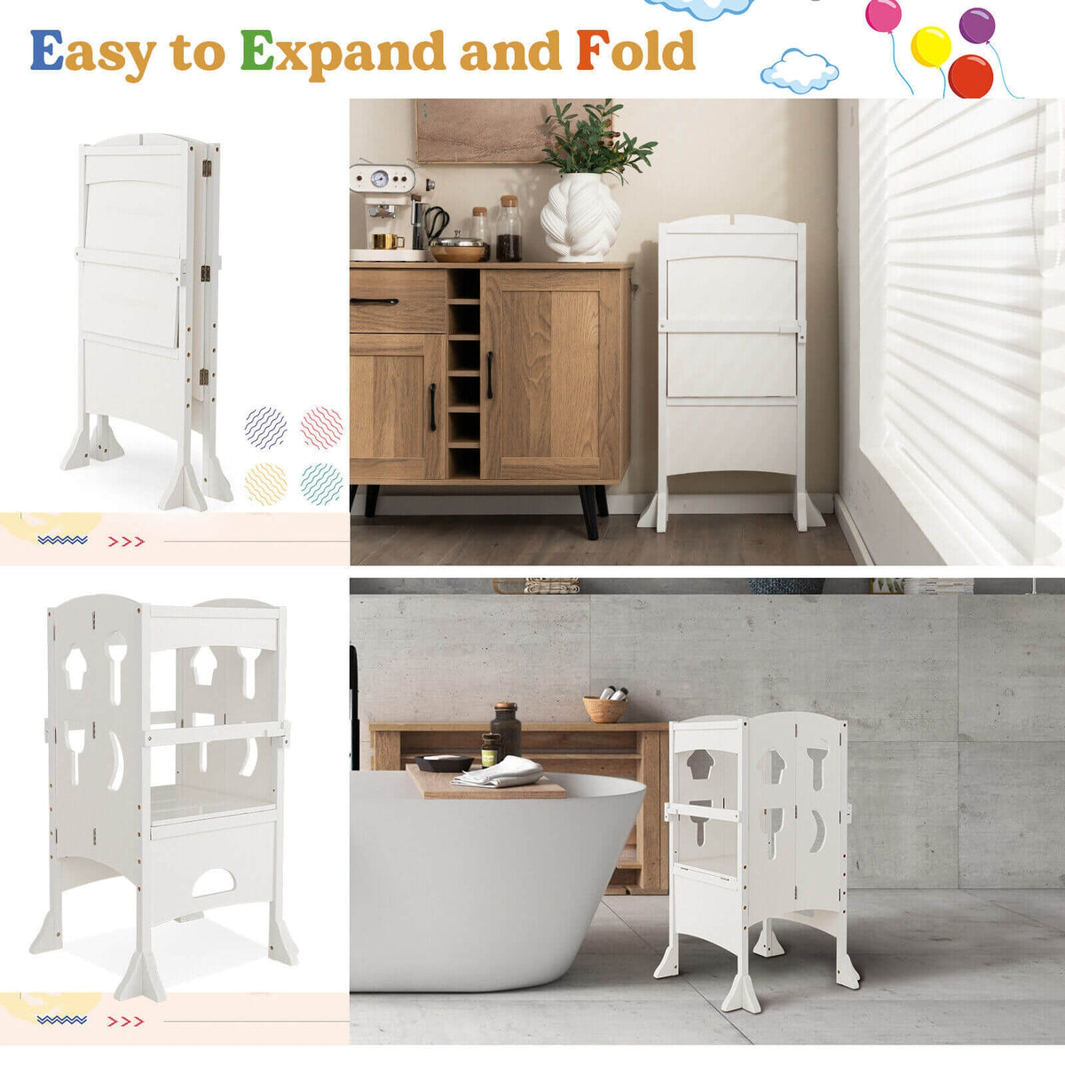 Folding Wooden Step Stool, Lockable Safety Rail For Toddlers, White Toddler & Kids Furniture at Gallery Canada
