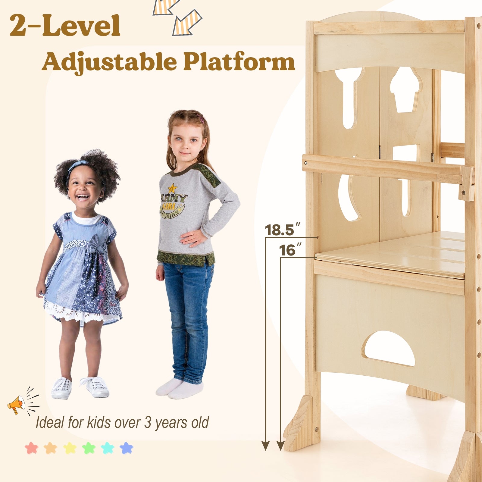 Folding Wooden Step Stool, Lockable Safety Rail, 3+, Natural Toddler & Kids Furniture at Gallery Canada