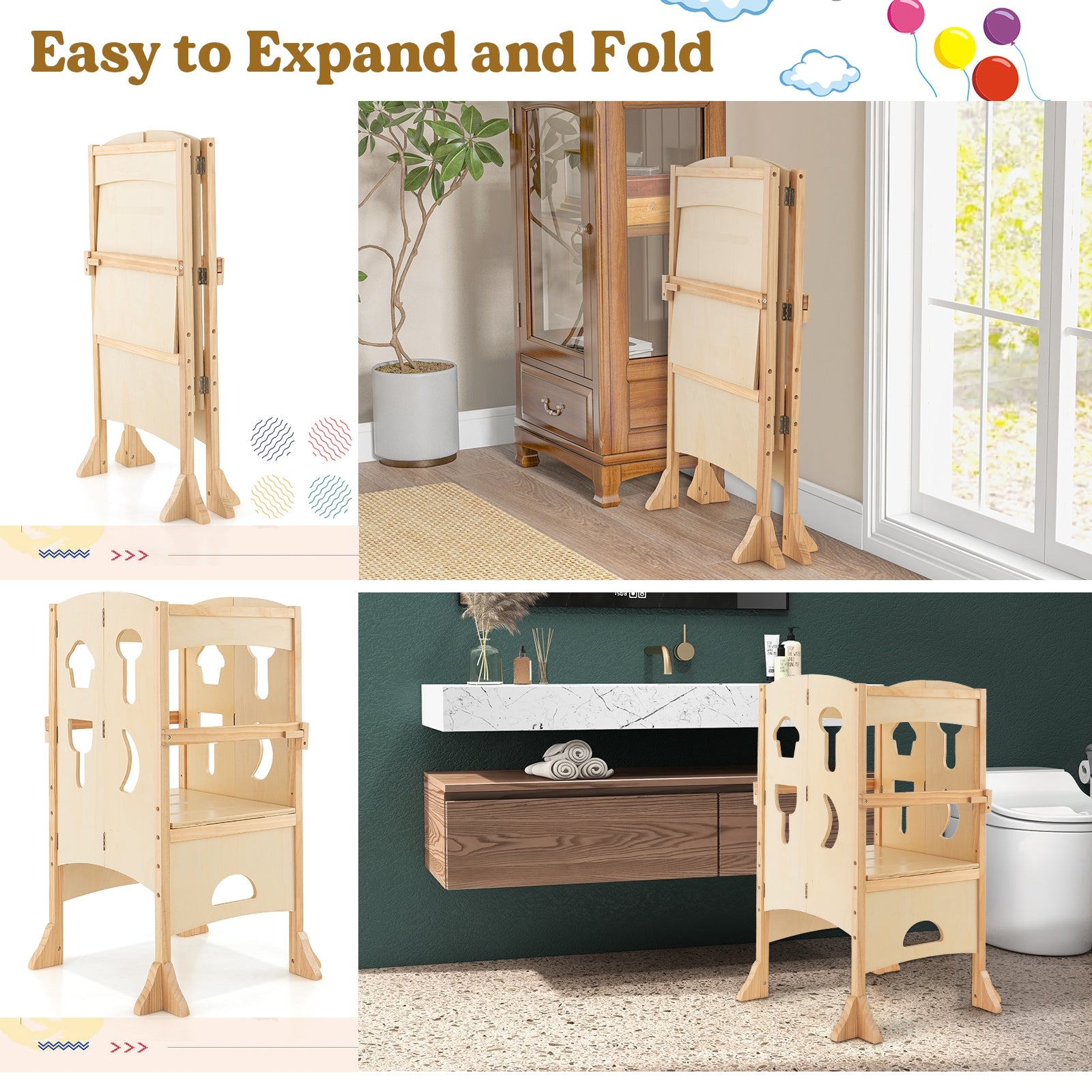 Folding Wooden Step Stool, Lockable Safety Rail, 3+, Natural Toddler & Kids Furniture at Gallery Canada