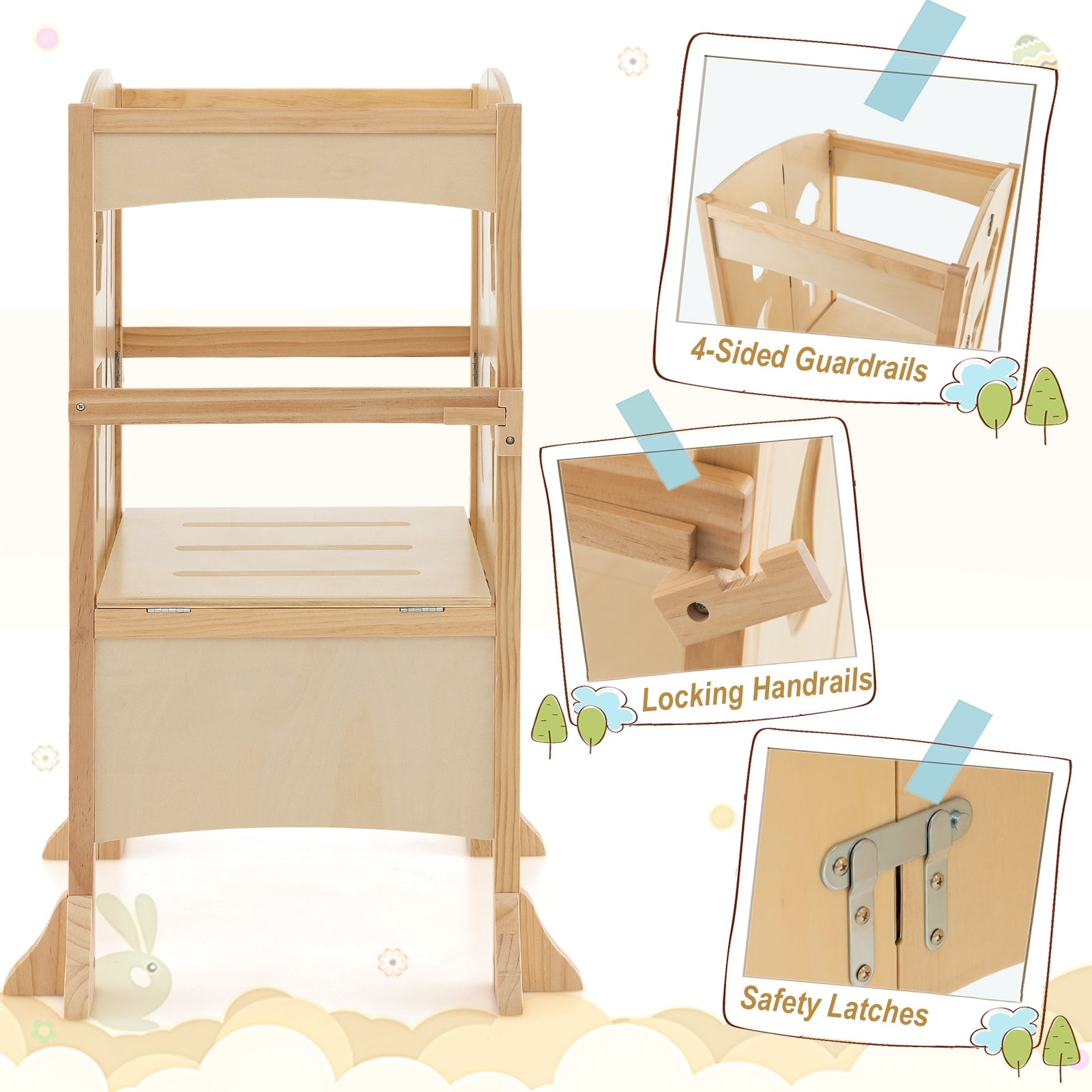 Folding Wooden Step Stool, Lockable Safety Rail, 3+, Natural Toddler & Kids Furniture at Gallery Canada