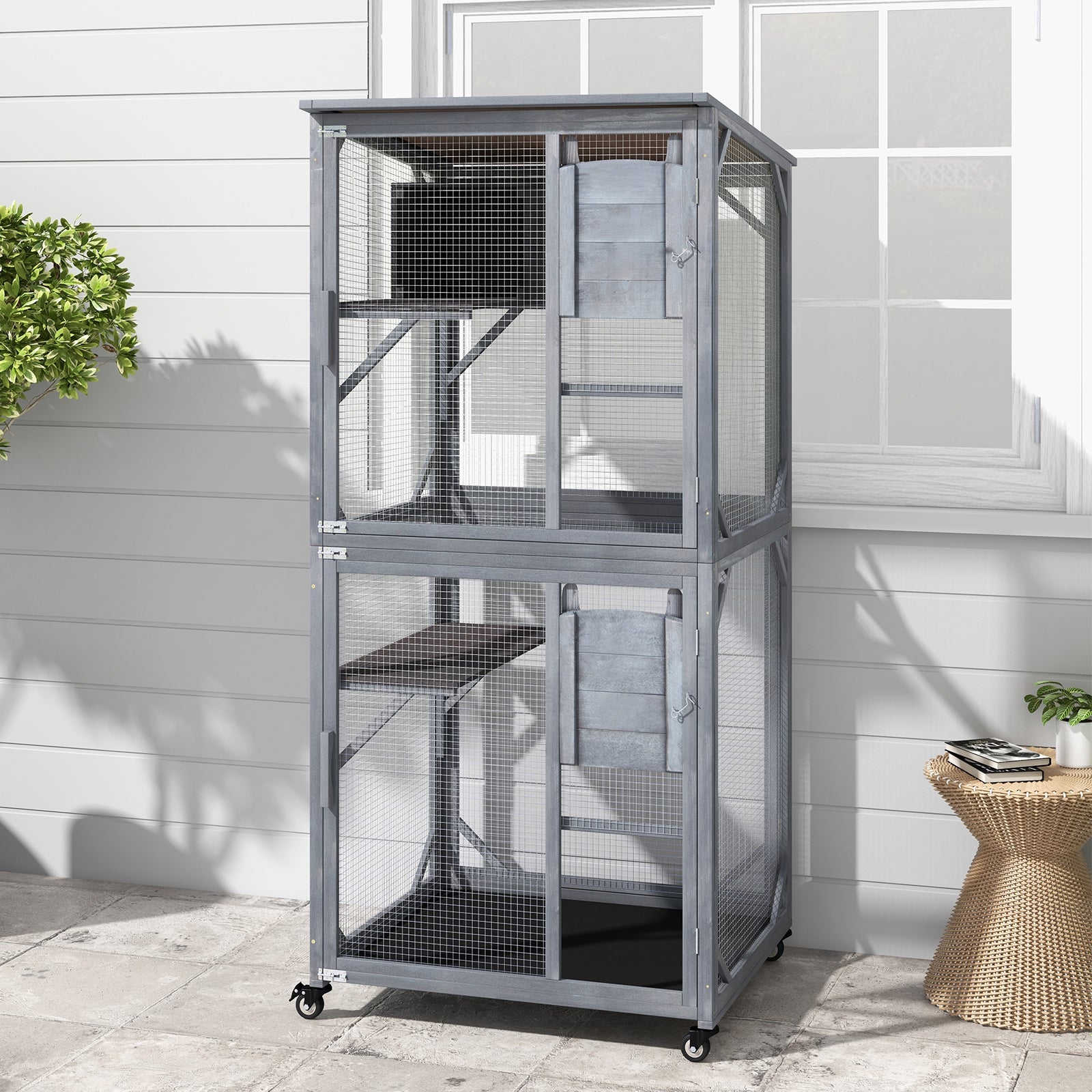 72 Inch Tall Wooden Cat House, Weatherproof Asphalt Roof, Gray Cat Houses at Gallery Canada