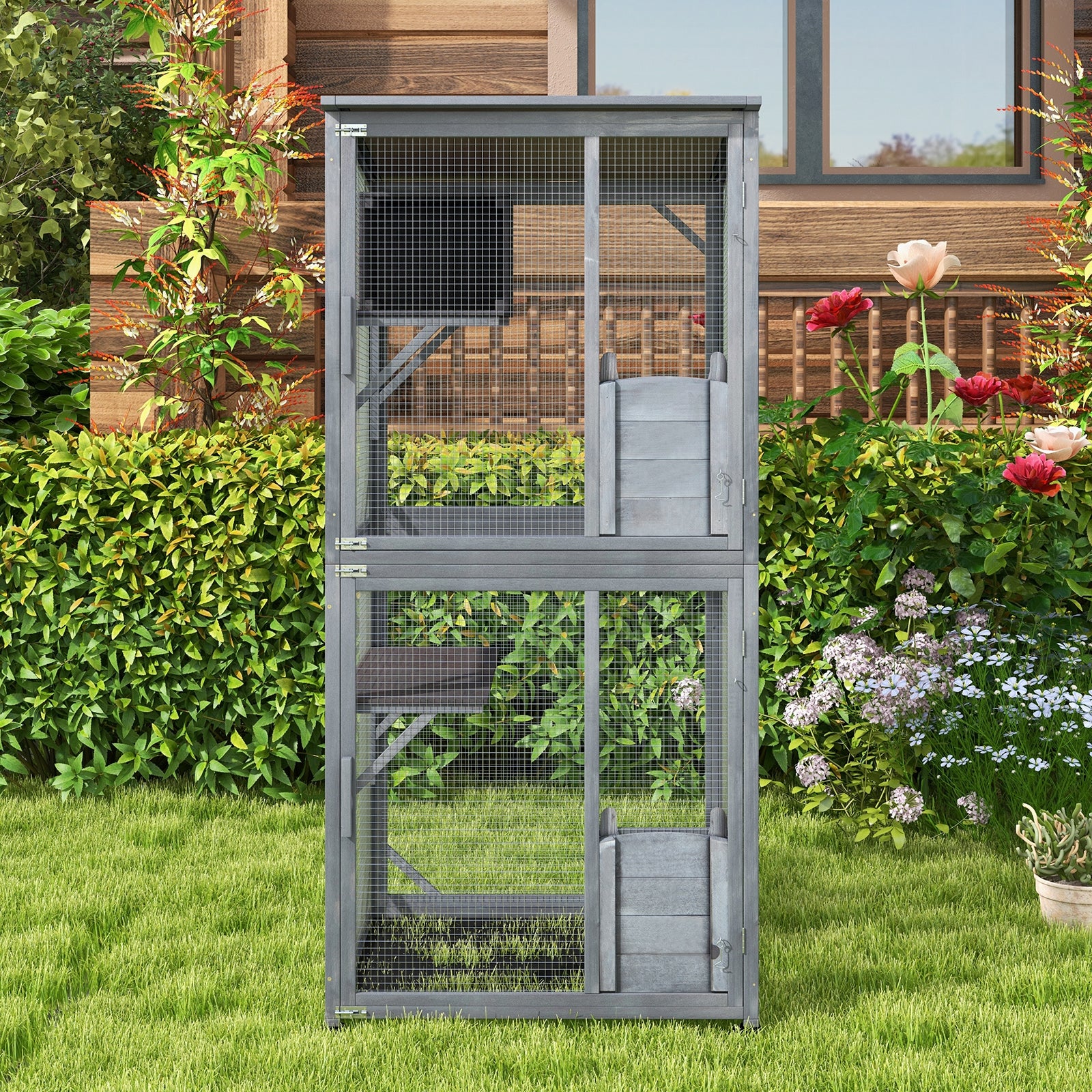 72 Inch Tall Wooden Cat House, Weatherproof Asphalt Roof, Gray Cat Houses at Gallery Canada