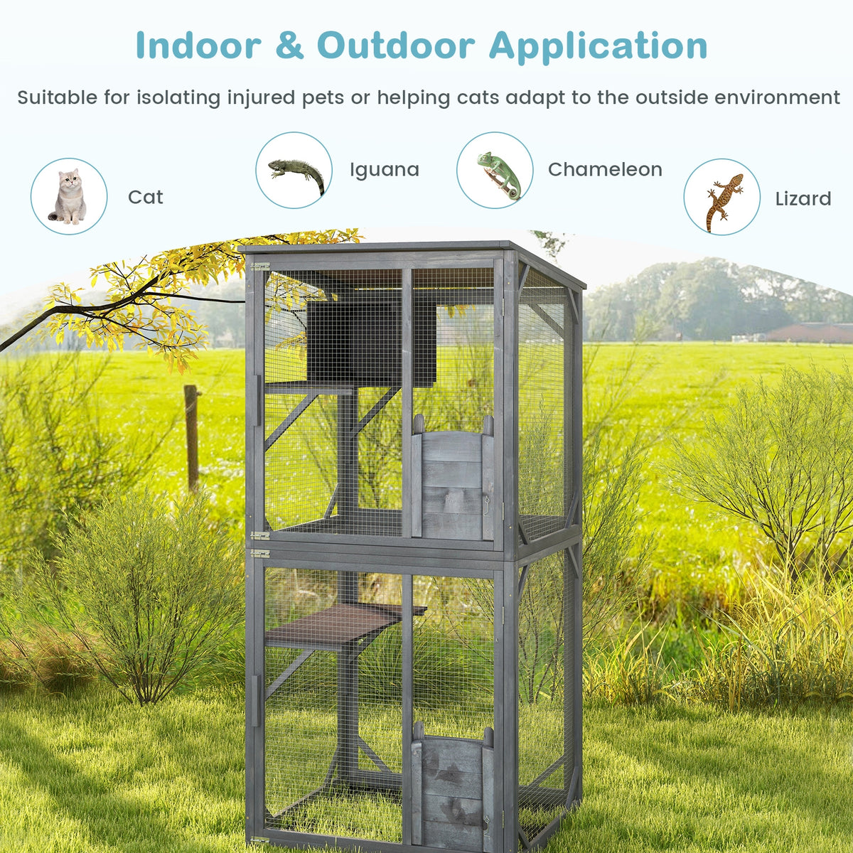 72 Inch Tall Wooden Cat House, Weatherproof Asphalt Roof, Gray Cat Houses at Gallery Canada