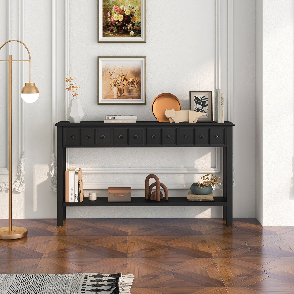 60 Inch Sofa Table, 4 Drawers, Open Shelf, Black Console Tables at Gallery Canada