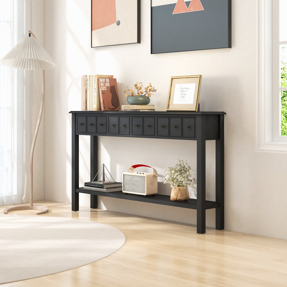 60 Inch Sofa Table, 4 Drawers, Open Shelf, Black Console Tables at Gallery Canada