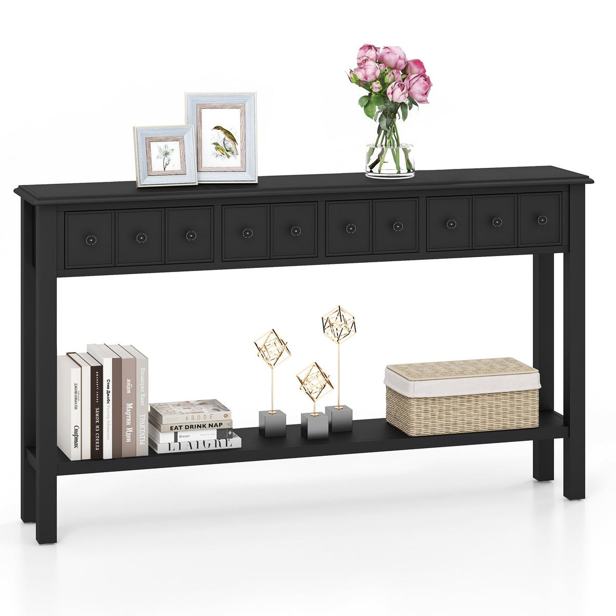60 Inch Sofa Table, 4 Drawers, Open Shelf, Black Console Tables at Gallery Canada