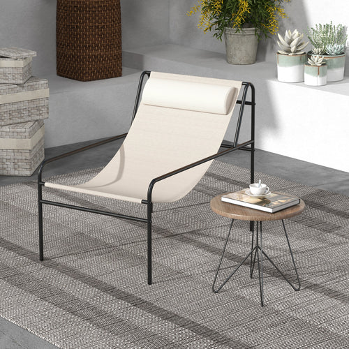 Patio Sling Lounge Chair, Removable Headrest Pillow, Metal Frame, Beige