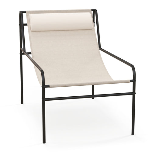 Patio Sling Lounge Chair, Removable Headrest Pillow, Metal Frame, Beige