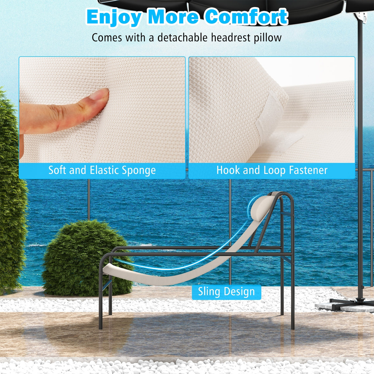 Patio Sling Lounge Chair, Removable Headrest Pillow, Metal Frame, Beige Outdoor Chaise Lounges at Gallery Canada