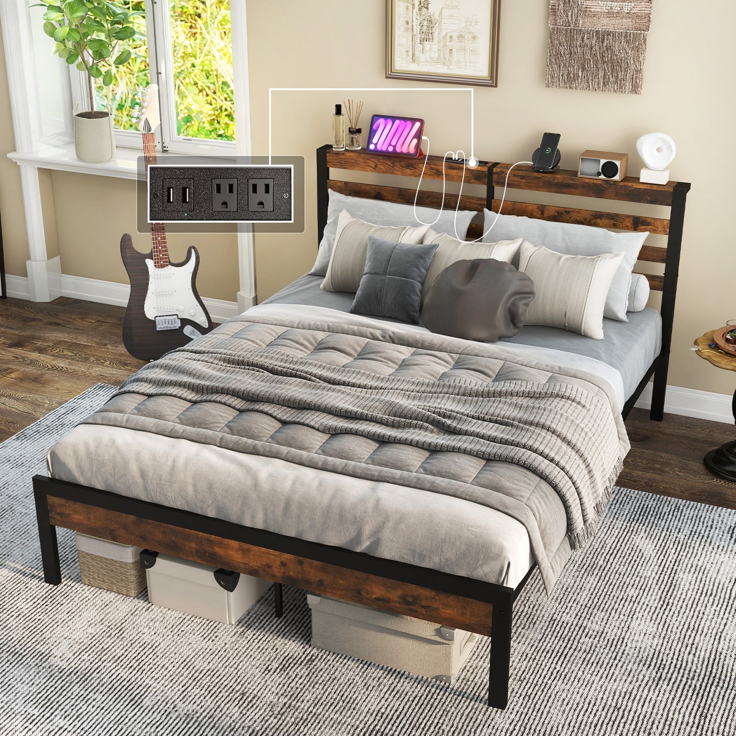 Full Queen Size Bed Frame, Charging Station, Storage Headboard, Brown Simple Bed Frame at Gallery Canada