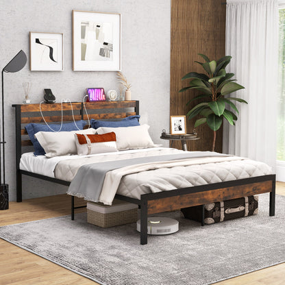 Full Queen Size Bed Frame, Charging Station, Storage Headboard, Brown Simple Bed Frame at Gallery Canada