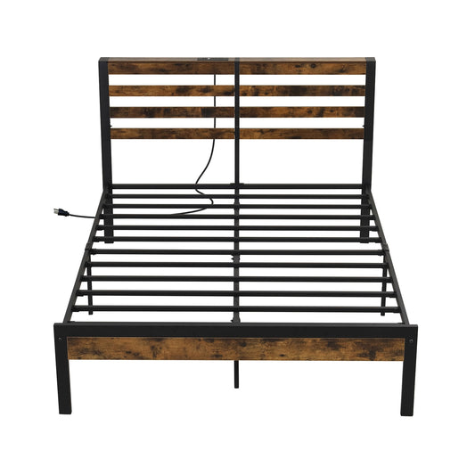Full Queen Size Bed Frame, Charging Station, Storage Headboard, Brown Simple Bed Frame Rustic Brown at Gallery Canada