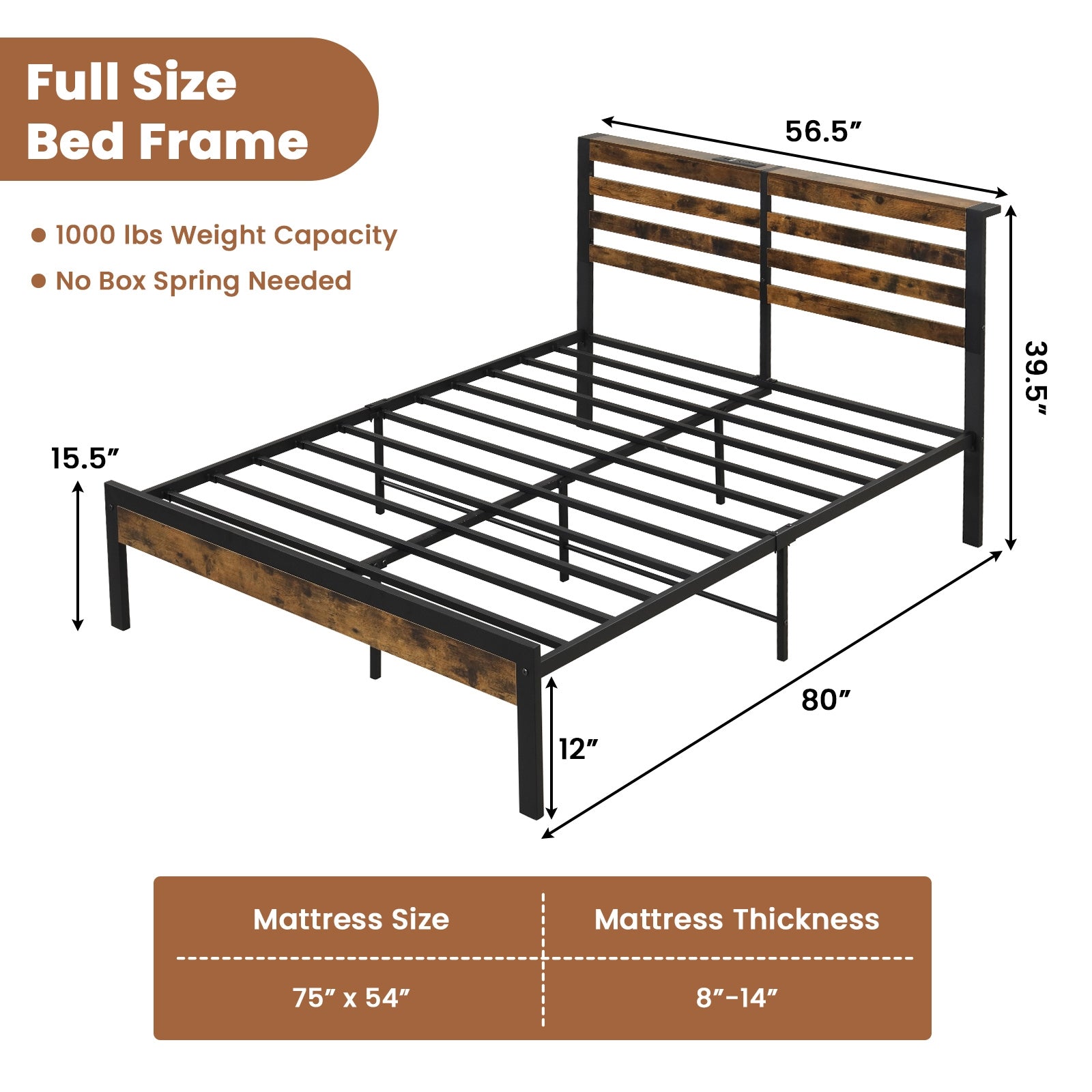 Full Queen Size Bed Frame, Charging Station, Storage Headboard, Brown Simple Bed Frame at Gallery Canada