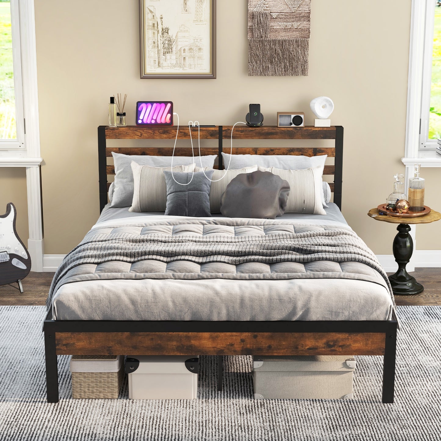 Full Queen Size Bed Frame, Charging Station, Storage Headboard, Brown Simple Bed Frame at Gallery Canada