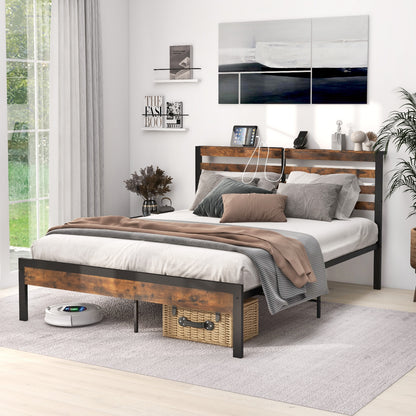 Full Queen Size Bed Frame, Charging Station, Storage Headboard, Brown Simple Bed Frame at Gallery Canada