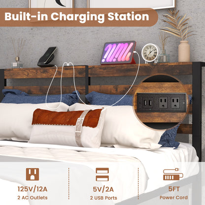 Full Queen Size Bed Frame, Charging Station, Storage Headboard, Brown Simple Bed Frame at Gallery Canada