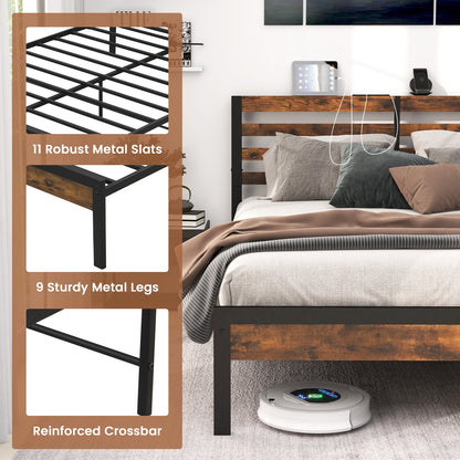 Full Queen Size Bed Frame, Charging Station, Storage Headboard, Brown Simple Bed Frame at Gallery Canada