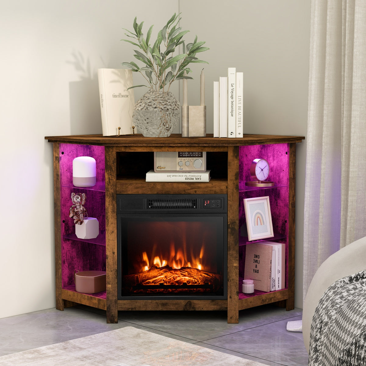 Corner TV Stand With LED Lights, Smart App Control, 50 Inches, Brown Entertainment Centers & TV Stands at Gallery Canada