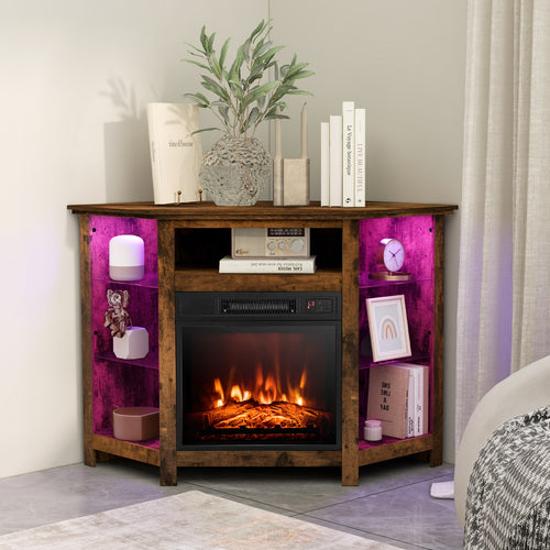 Corner TV Stand With LED Lights, Smart App Control, 50 Inches, Brown