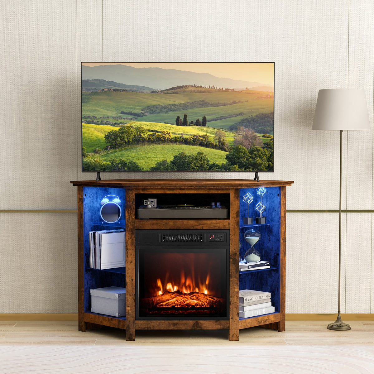 Corner TV Stand With LED Lights, Smart App Control, 50 Inches, Brown Entertainment Centers & TV Stands at Gallery Canada