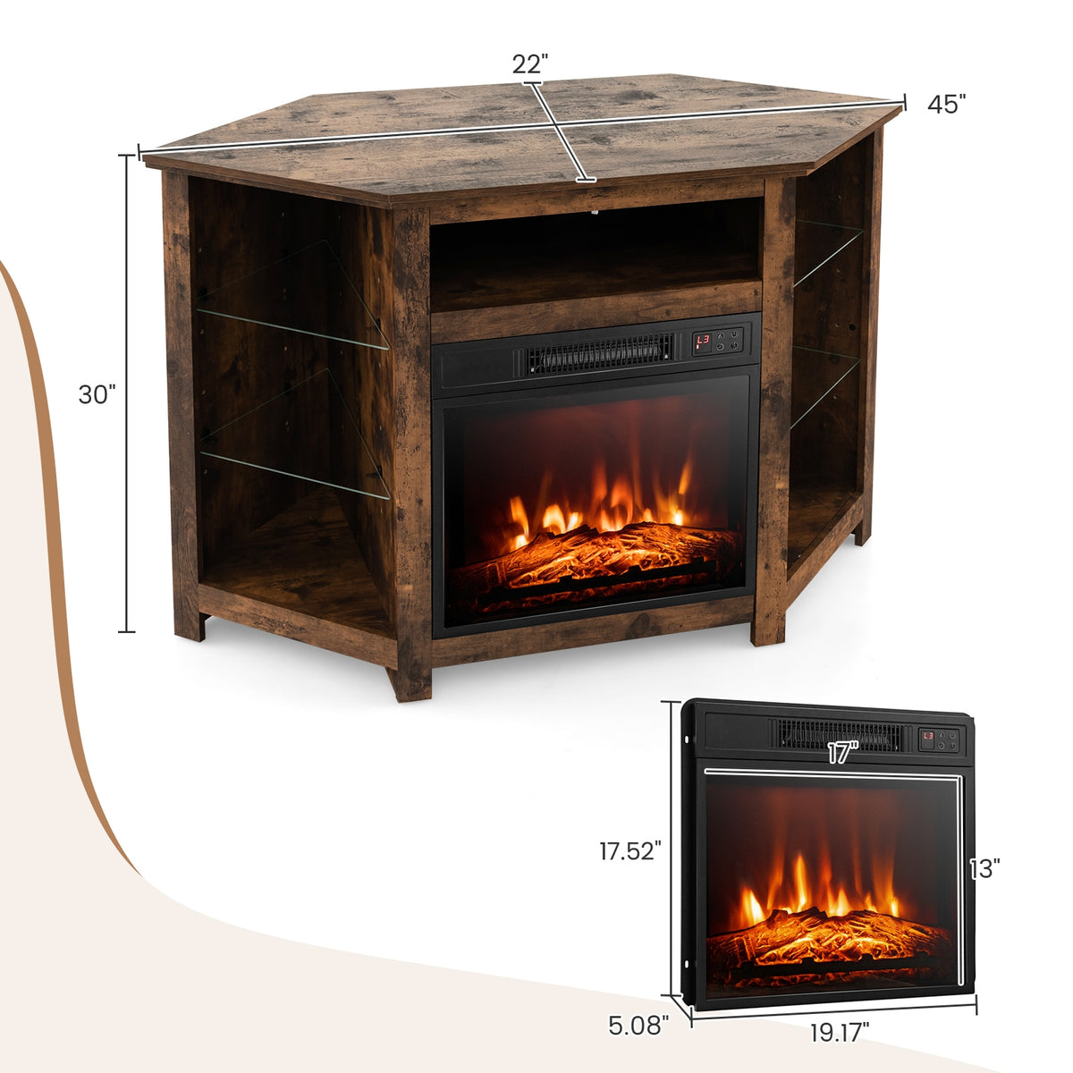 Corner TV Stand With LED Lights, Smart App Control, 50 Inches, Brown Entertainment Centers & TV Stands at Gallery Canada
