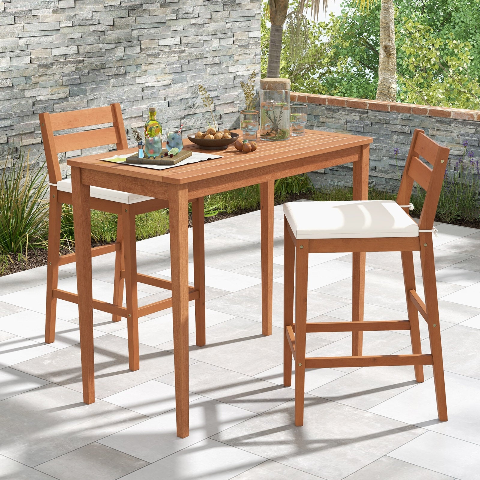 Set Of 2 Outdoor Wood Barstools, Soft Seat Cushion, Off White Patio Bar Furniture at Gallery Canada