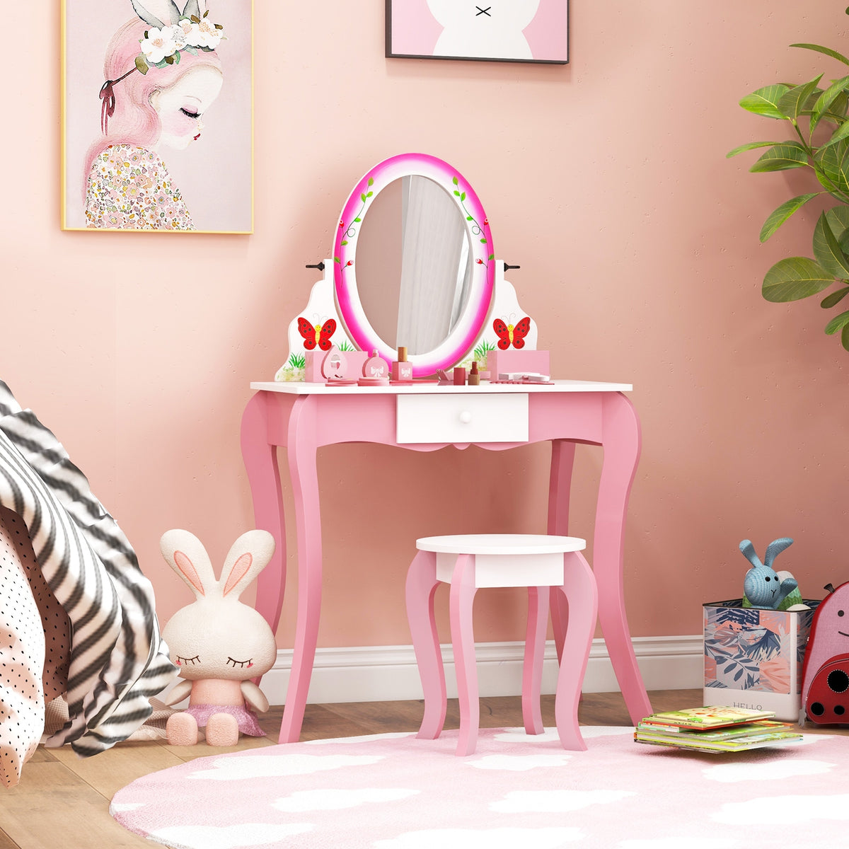 Kids Vanity Table And Stool Set, With Rotating Mirror And Whiteboard, Pink Kids Vanities at Gallery Canada