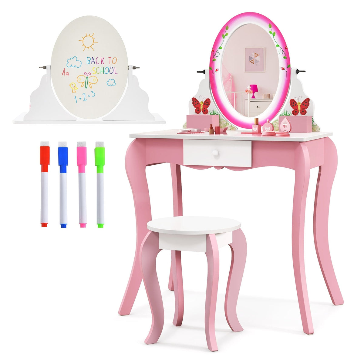 Kids Vanity Table And Stool Set, With Rotating Mirror And Whiteboard, Pink Kids Vanities at Gallery Canada
