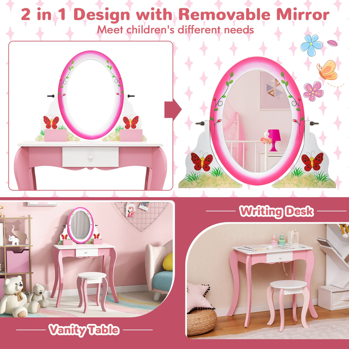 Kids Vanity Table And Stool Set, With Rotating Mirror And Whiteboard, Pink Kids Vanities at Gallery Canada