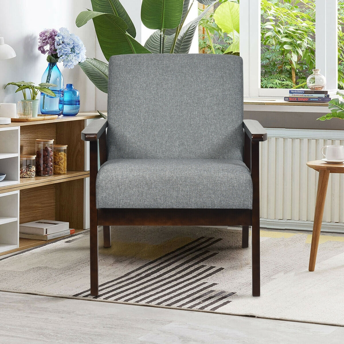 Solid Rubber Wood Fabric Accent Armchair, Gray Accent Chairs at Gallery Canada