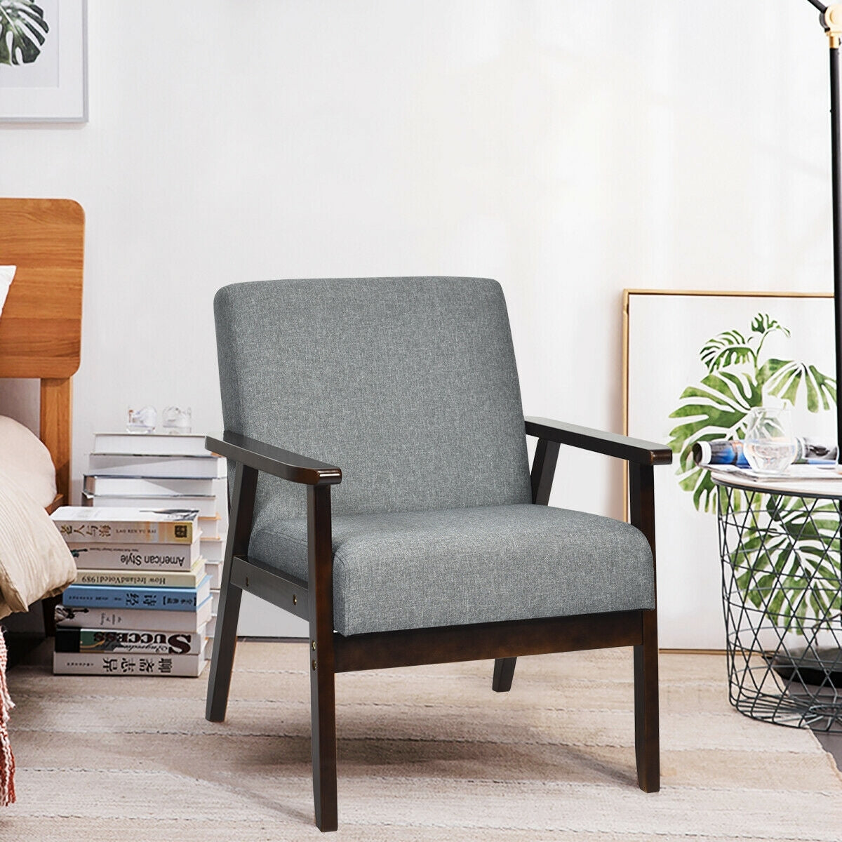 Solid Rubber Wood Fabric Accent Armchair, Gray Accent Chairs at Gallery Canada