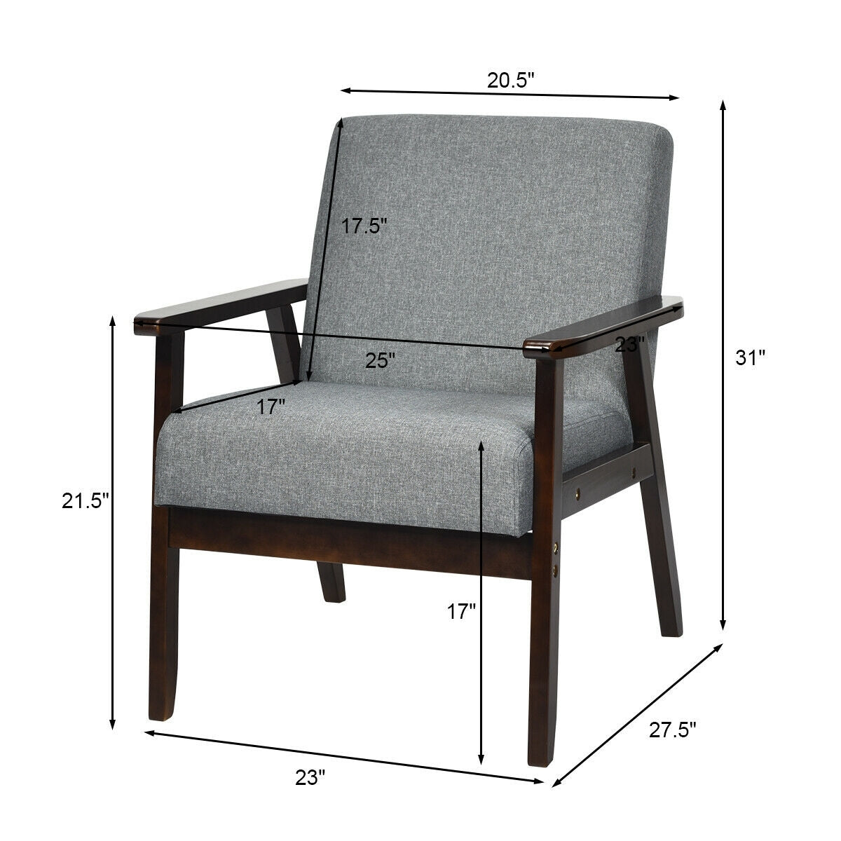 Solid Rubber Wood Fabric Accent Armchair, Gray Accent Chairs at Gallery Canada