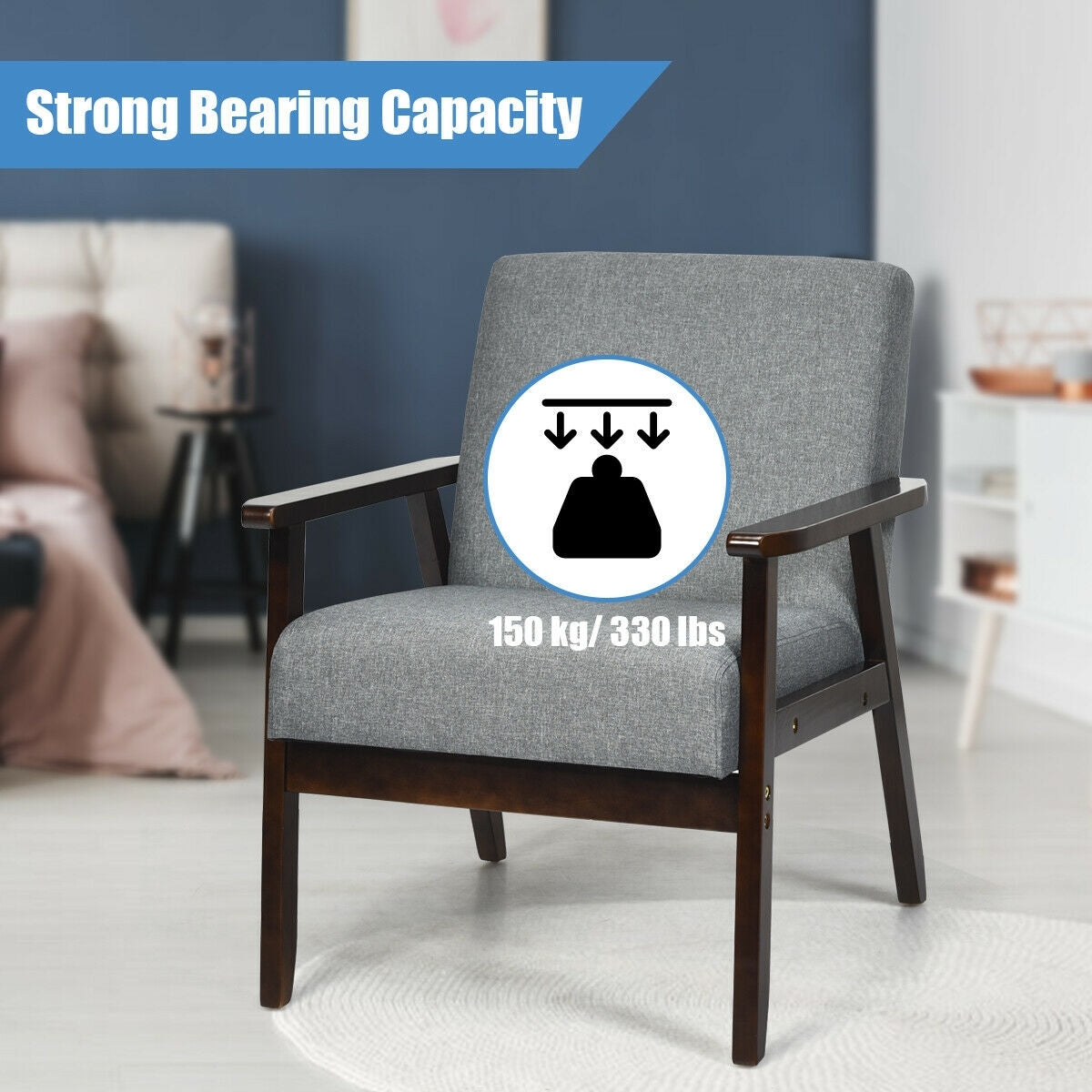 Solid Rubber Wood Fabric Accent Armchair, Gray Accent Chairs at Gallery Canada