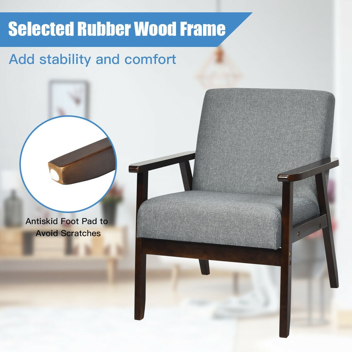 Solid Rubber Wood Fabric Accent Armchair, Gray Accent Chairs at Gallery Canada