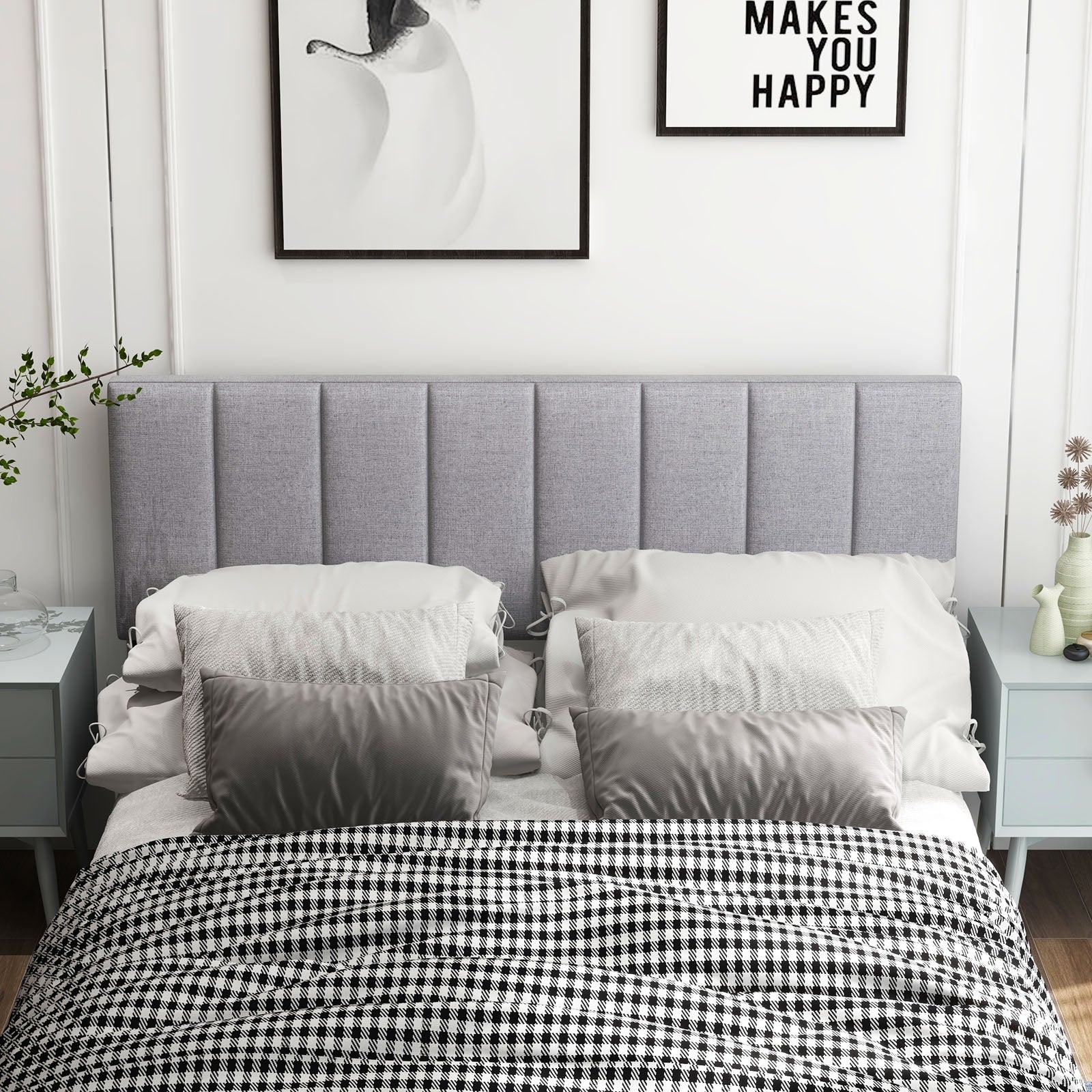 Linen Upholstered Headboard, Solid Wood Legs, Adjustable Width, Gray Headboards at Gallery Canada