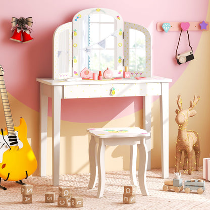 Kids Vanity Table Set, Tri-Folding Mirror, Large Drawer, White Kids Vanities at Gallery Canada