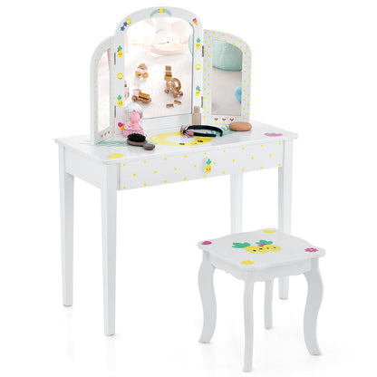 Kids Vanity Table Set, Tri-Folding Mirror, Large Drawer, White Kids Vanities at Gallery Canada