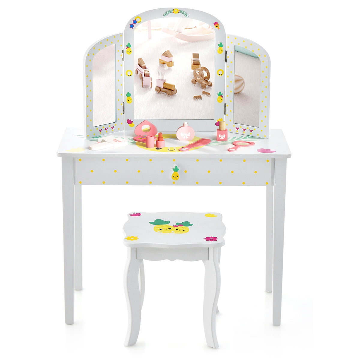 Kids Vanity Table Set, Tri-Folding Mirror, Large Drawer, White Kids Vanities at Gallery Canada