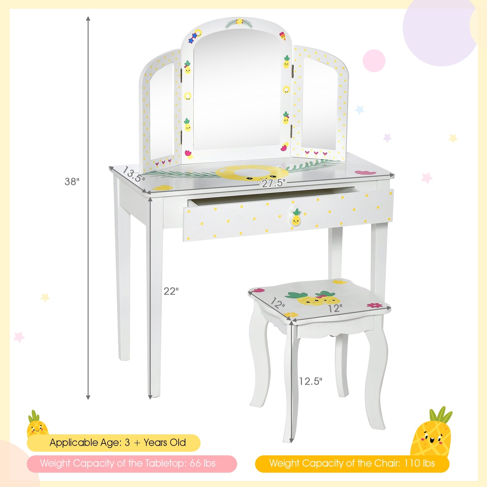 Kids Vanity Table Set, Tri-Folding Mirror, Large Drawer, White Kids Vanities at Gallery Canada