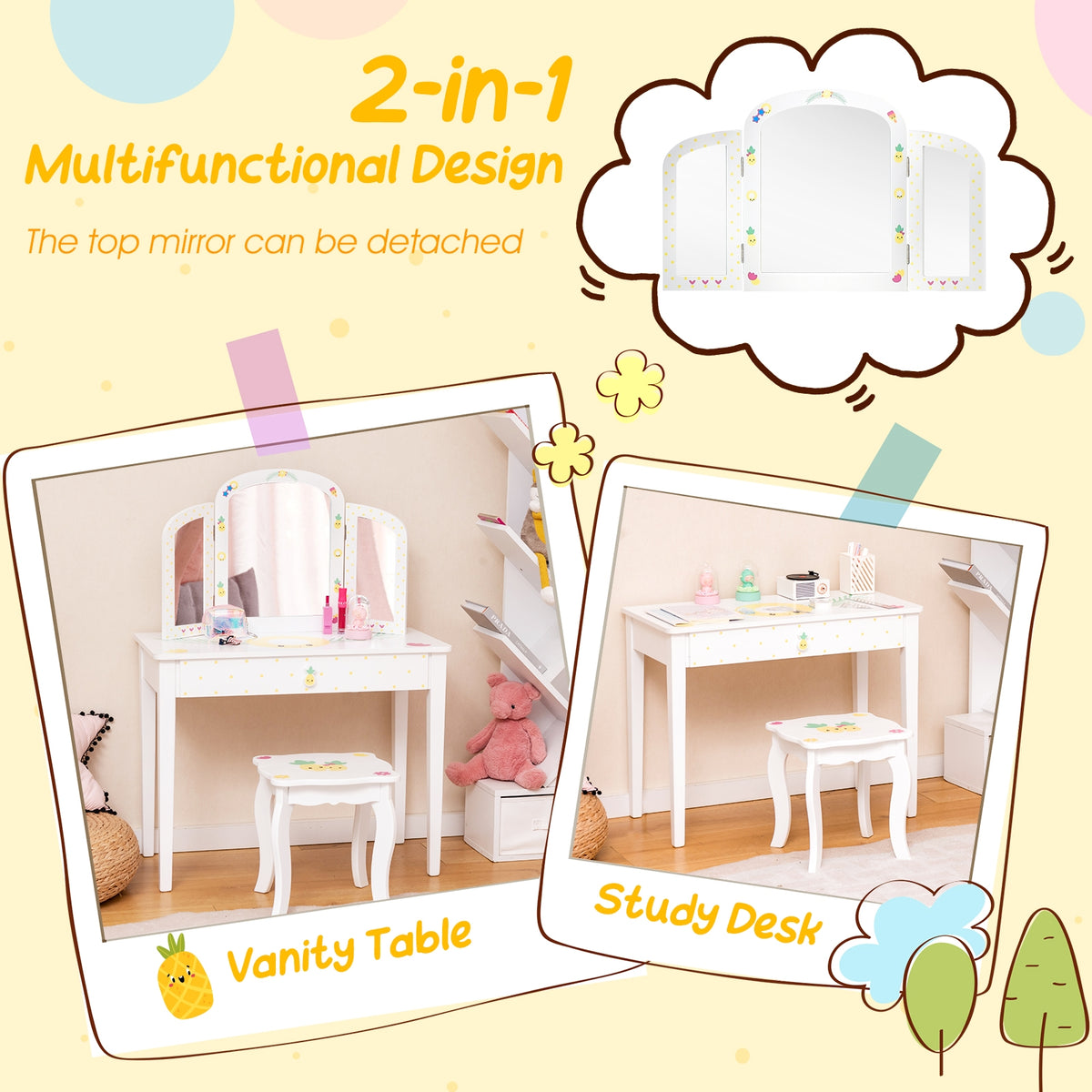 Kids Vanity Table Set, Tri-Folding Mirror, Large Drawer, White Kids Vanities at Gallery Canada
